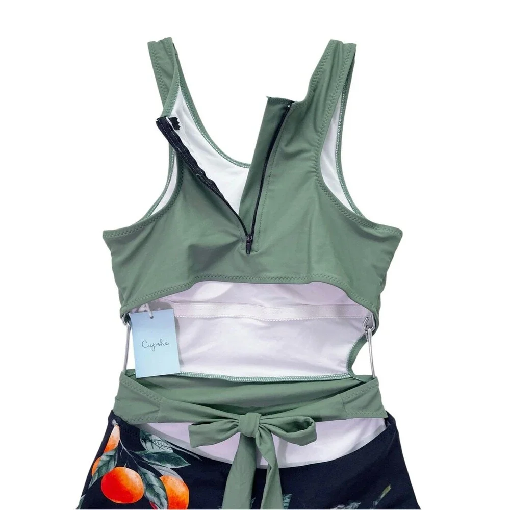 NWT Cupshe Miss U Citrus Print Cutout One Piece Swimsuit Zip Back Tie Waist Sz M